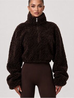 Naked Wardrobe Sherpa Quarter Zip Cropped Sweater Chocolate Brown XS NWT